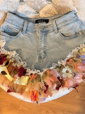 AKIRA Light Blue Denim Shorts with Multicolor Floral Trim